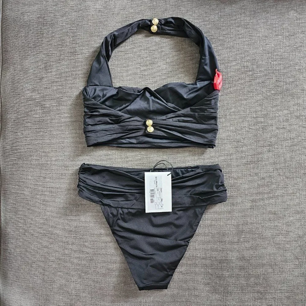 Balmain Paris Women's Black Beachwear Top High Waist Bottom Bikini Size 38